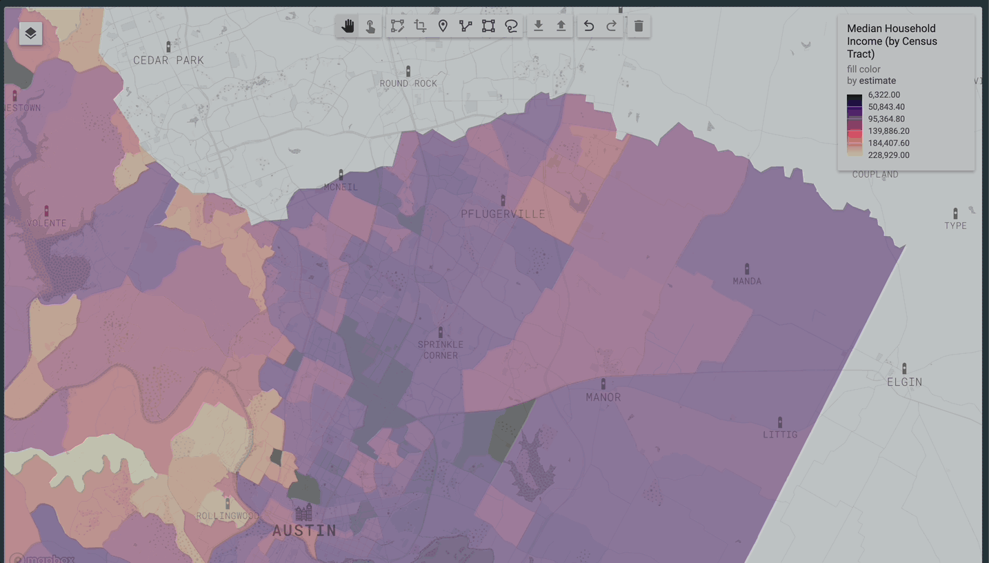 GIF showing how you select a "Draw polygon" tool from the editor menu, draw the polygon over a northeastern section of Travis County, and then save it as a .geojson file